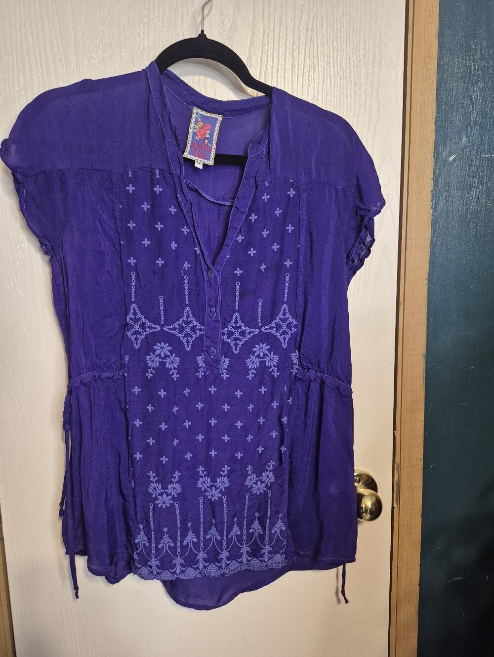 Women’s Purple Embroidered Short-Sleeve Tunic Top side ties